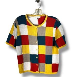 Librarian Chic Colorblock Short Sleeve Cotton Blend Cardigan Sweater, Size M